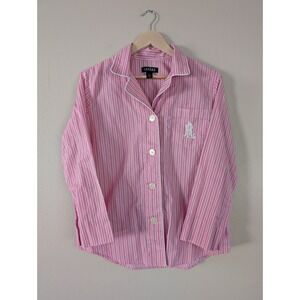 Lauren Ralph Lauren Pink White Stripe Pajama Top Button Up RL Monogram M FLAWED